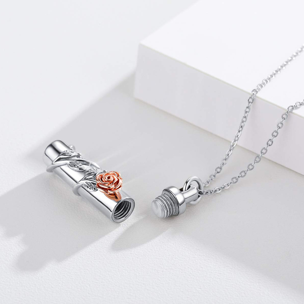 Sterling Silber zweifarbig Rose Bar Urne Halskette für Asche-4