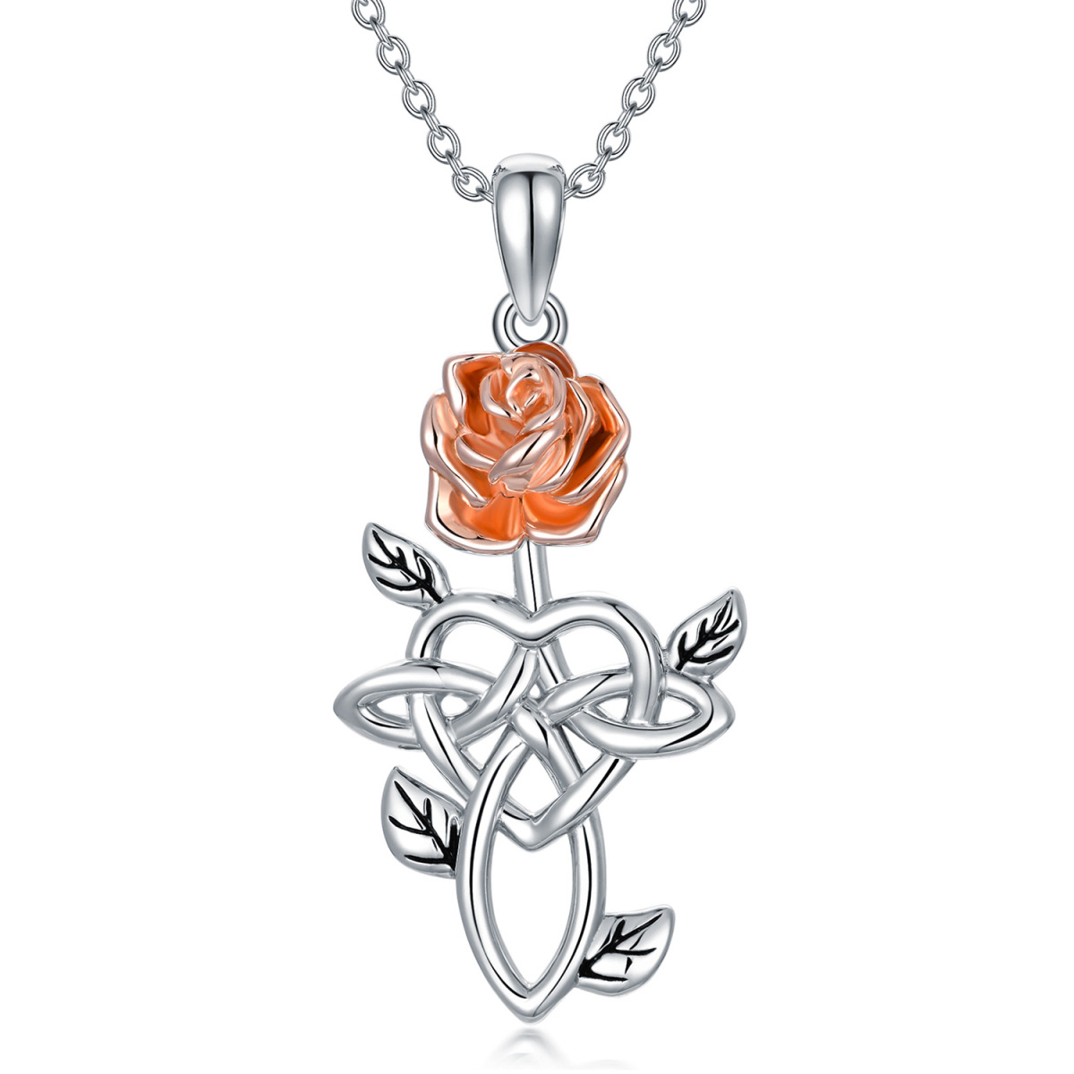 Sterling zilveren twee-tonige Rose & Keltische knoop hart hanger ketting voor vrouwen-1