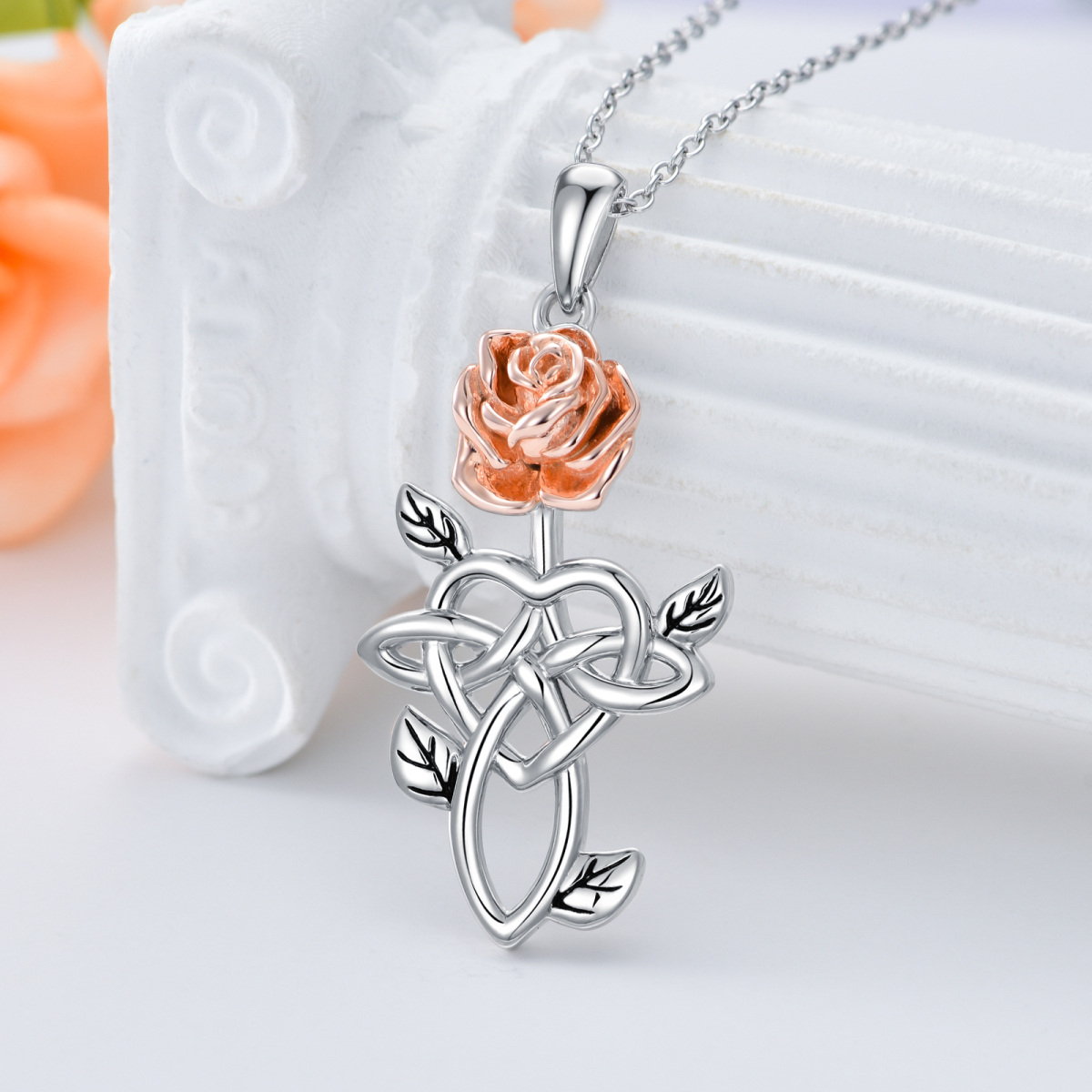 Sterling Silver Two-Tone Rose & Celtic Knot Heart Pendant Necklace For Women-3