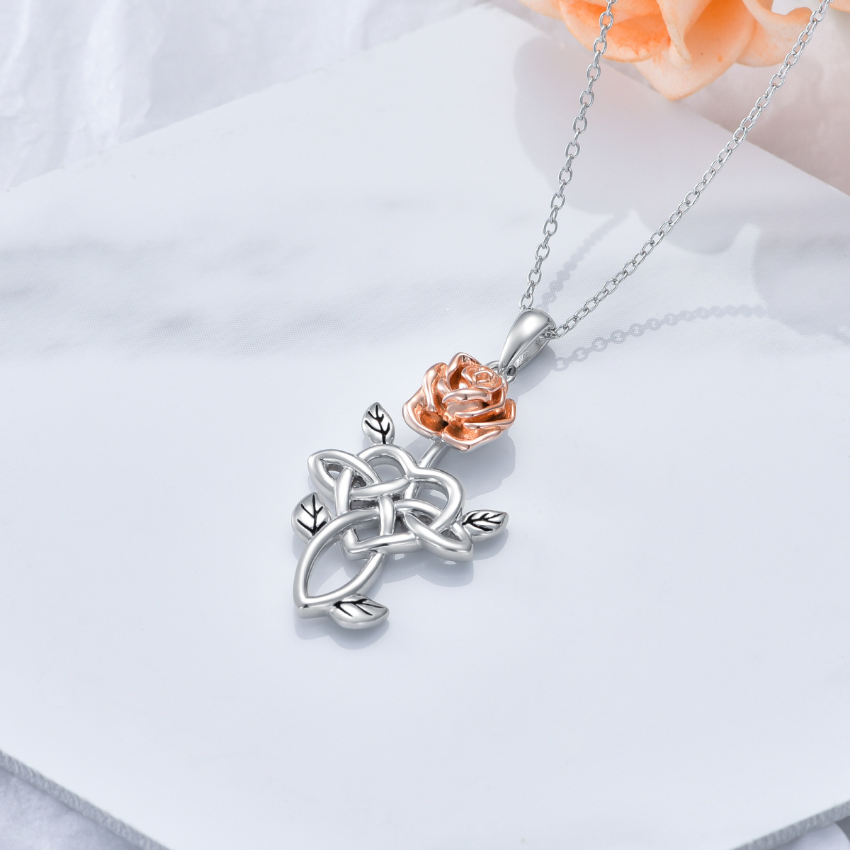 Plata de ley de dos tonos de rosa y nudo celta collar colgante de corazón para las mujeres-4