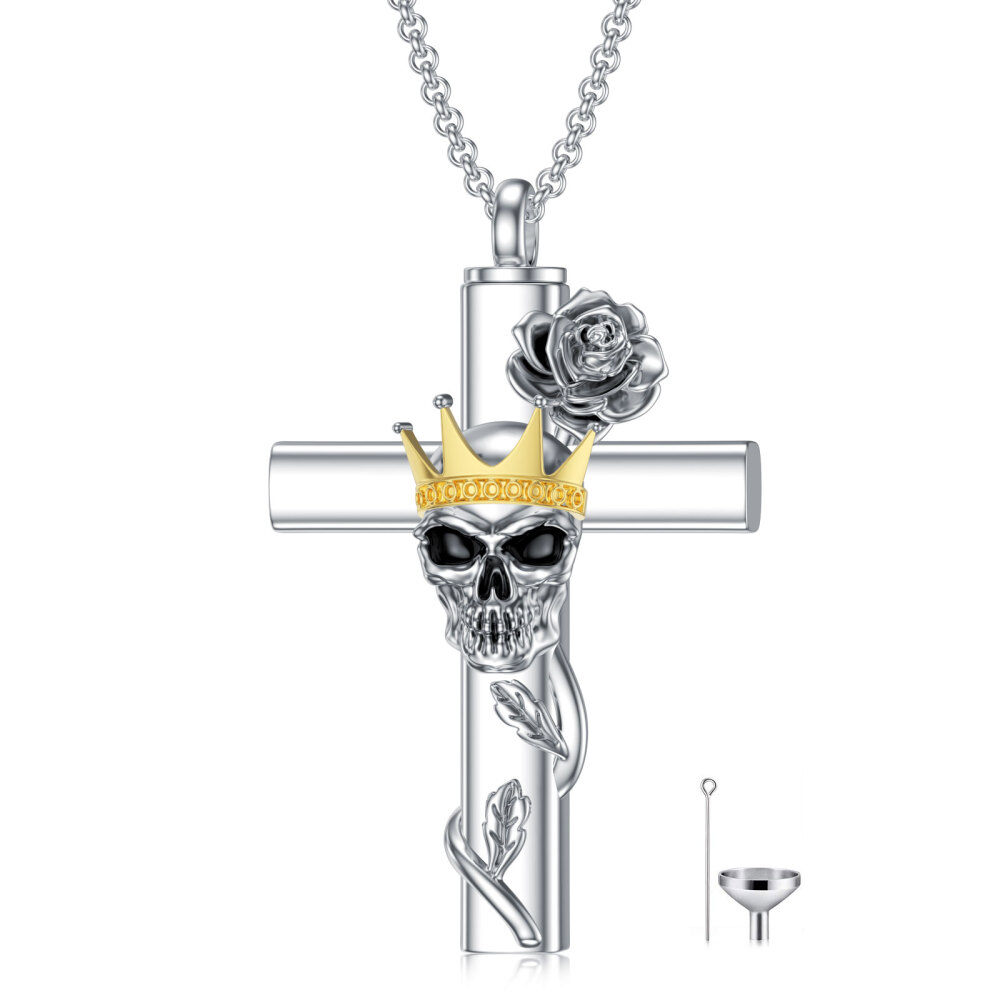 Collar de urna de plata de ley con rosa de dos tonos con cruz y corona con calavera para cenizas para mujer-1