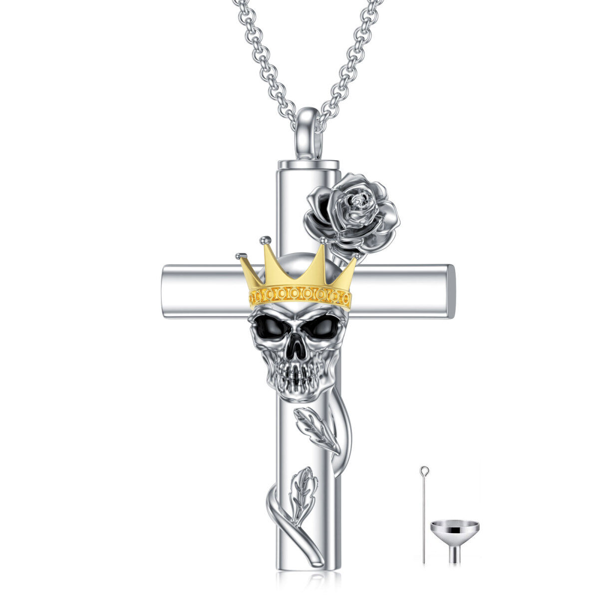 Zweifarbige Rose aus Sterlingsilber mit Kreuz und Krone mit Totenkopf-Urnen-Halskette für Asche für Frauen-1