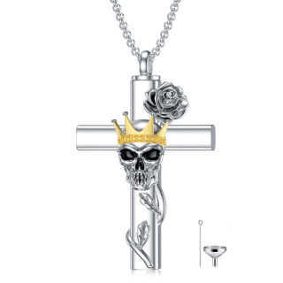 Sterling Silver Two-Tone Rose With Cross With Crown With Skull Urn Necklace For Ashes For Women-3