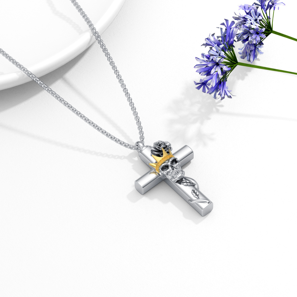 Collar de urna de plata de ley con rosa de dos tonos con cruz y corona con calavera para cenizas para mujer-3