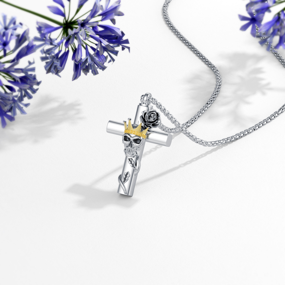 Collar de urna de plata de ley con rosa de dos tonos con cruz y corona con calavera para cenizas para mujer-4
