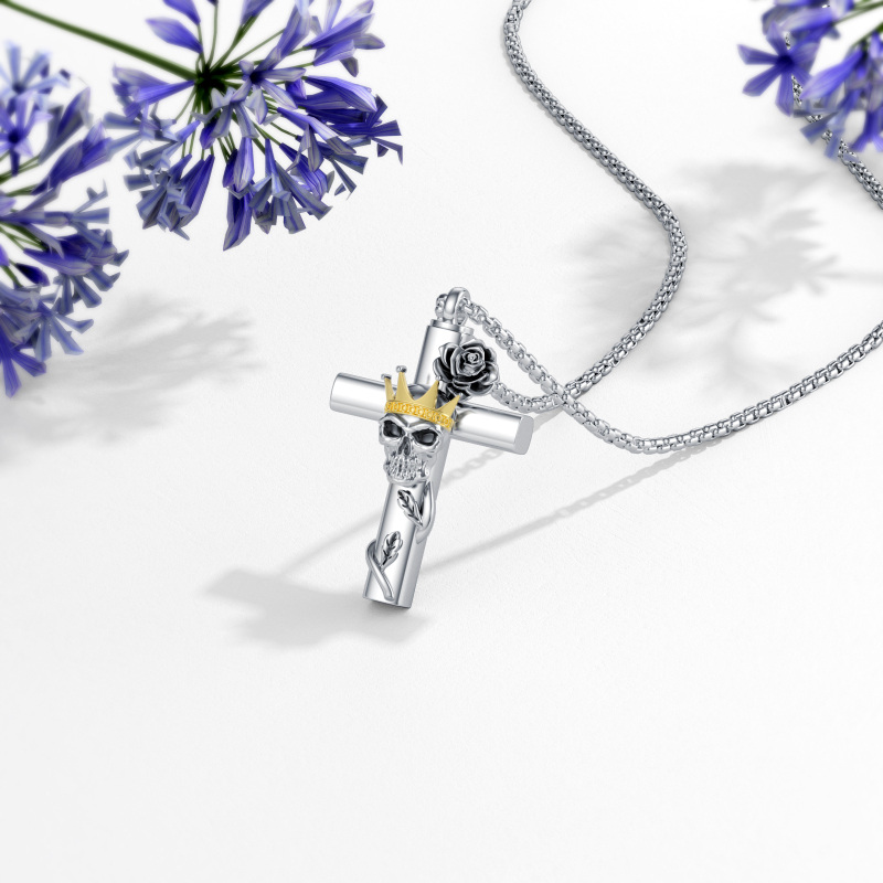 Sterling Silver Two-Tone Rose With Cross With Crown With Skull Urn Necklace For Ashes For Women-4