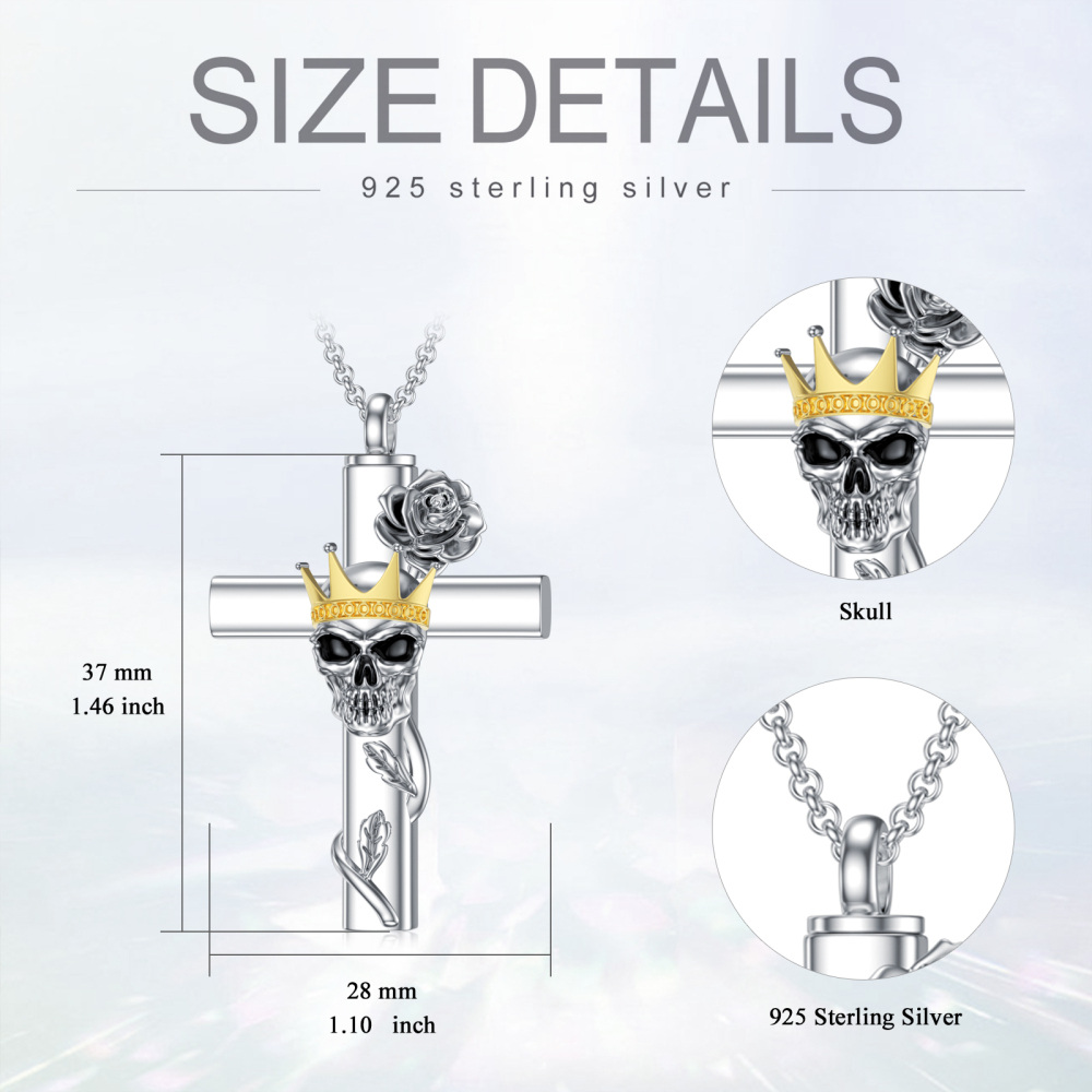 Collar de urna de plata de ley con rosa de dos tonos con cruz y corona con calavera para cenizas para mujer-5