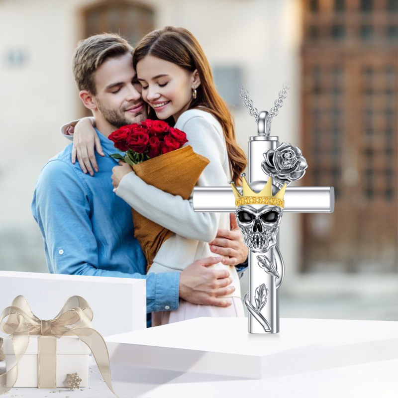 Sterling Silver Two-Tone Rose With Cross With Crown With Skull Urn Necklace For Ashes For Women-6