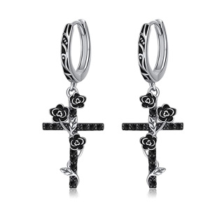 Sterling Silver Two-tone Rose & Cross Drop Earrings-34