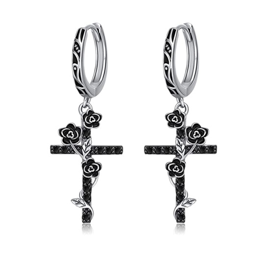 Sterling Silver Two-tone Rose & Cross Drop Earrings