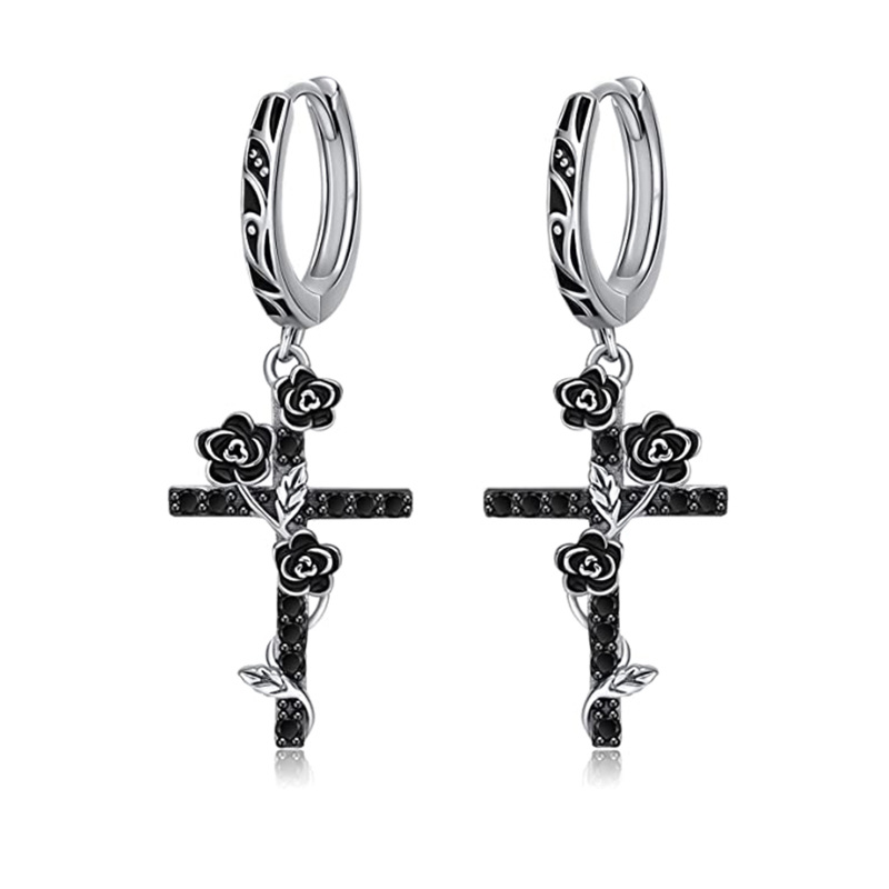 Sterling Silver Two-tone Rose & Cross Drop Earrings-17