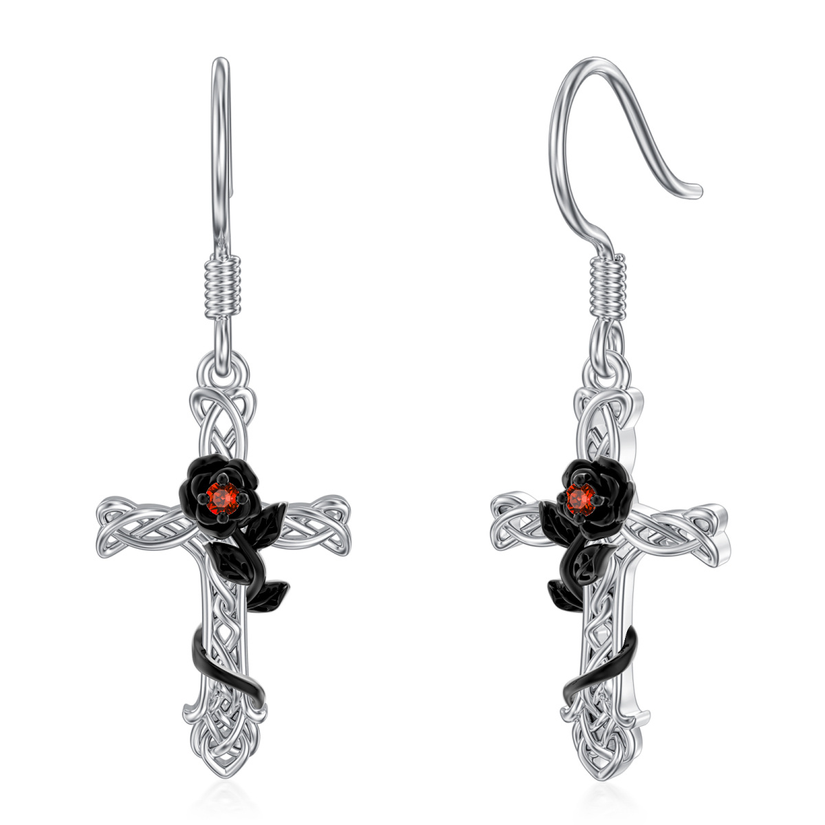 Sterling Silver Two-tone Cubic Zirconia Rose & Cross Drop Earrings-1