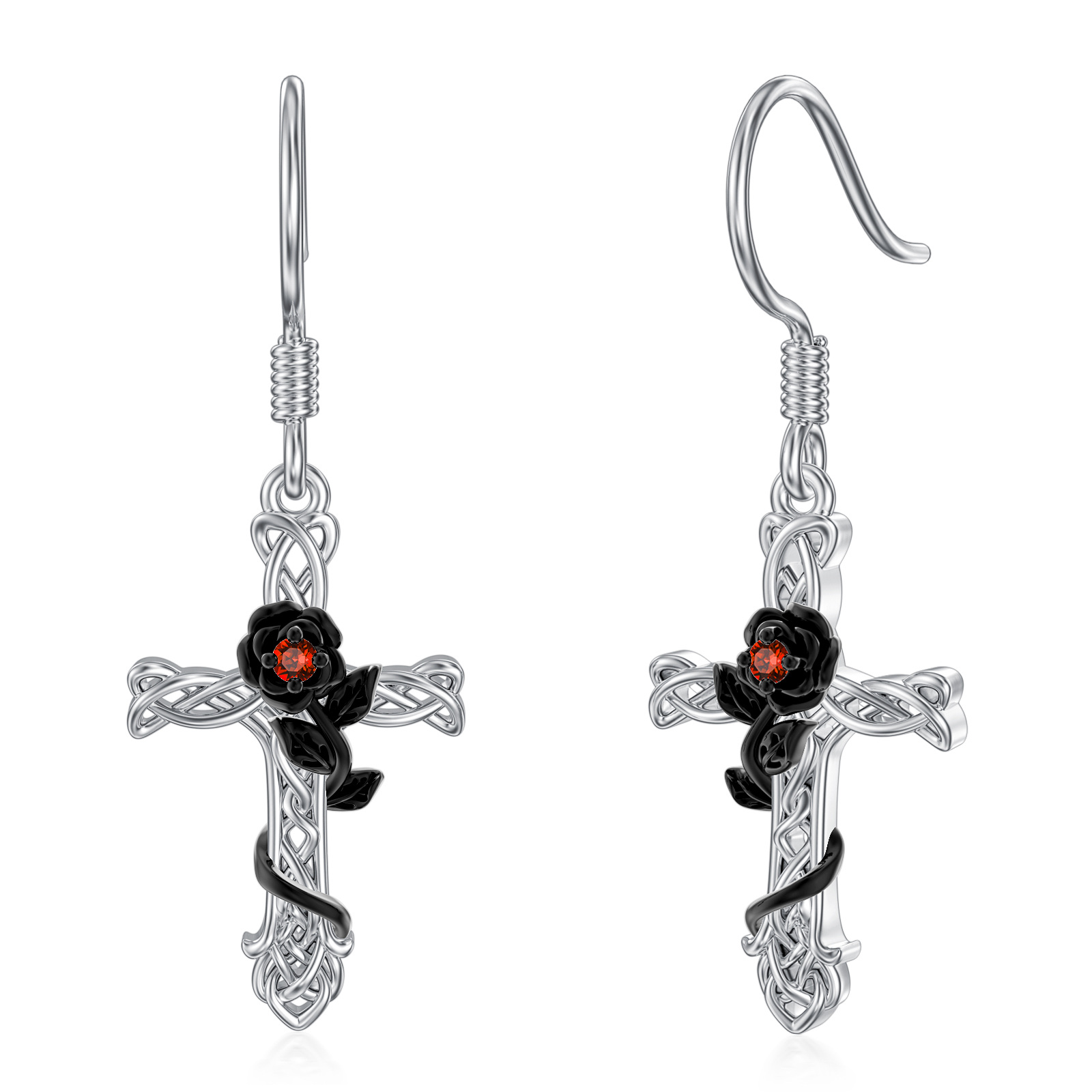 Sterling Silver Two-tone Cubic Zirconia Rose & Cross Drop Earrings