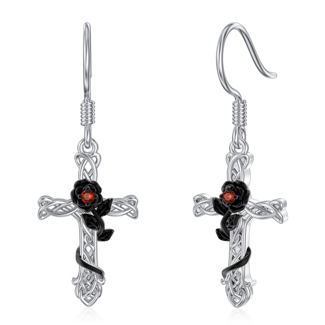 Boucles d'oreilles pendantes en argent sterling avec croix en zircone cubique bicolore-1