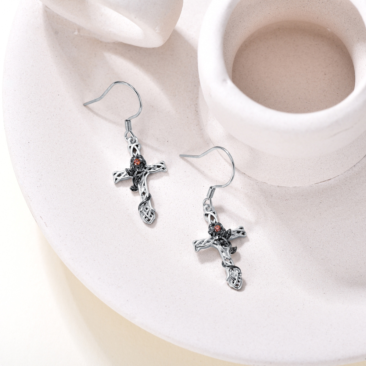 Boucles d'oreilles pendantes en argent sterling avec croix en zircone cubique bicolore-3