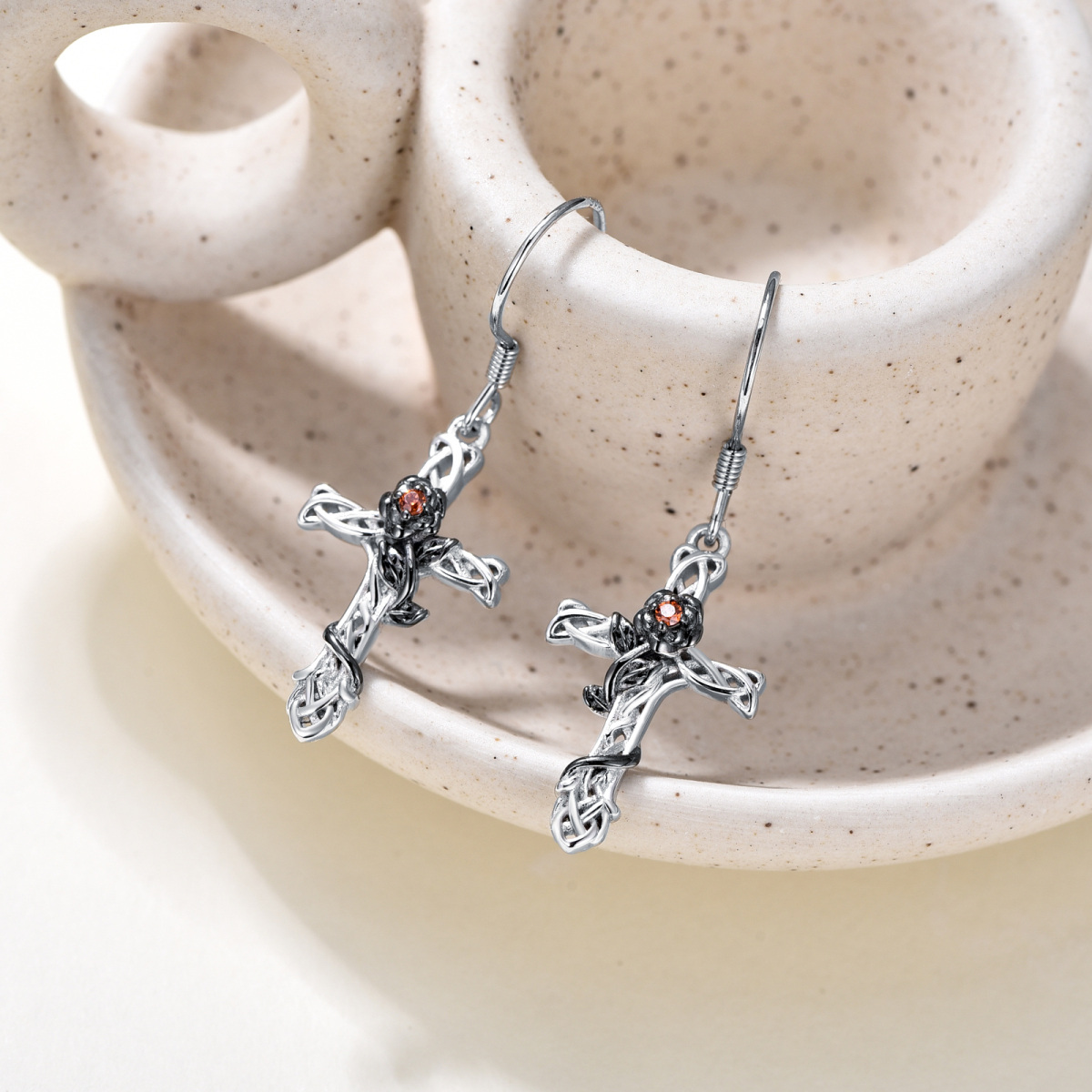 Sterling Silver Two-tone Cubic Zirconia Rose & Cross Drop Earrings-4