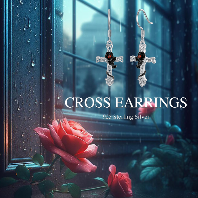 Sterling Silver Two-tone Cubic Zirconia Rose & Cross Drop Earrings-6