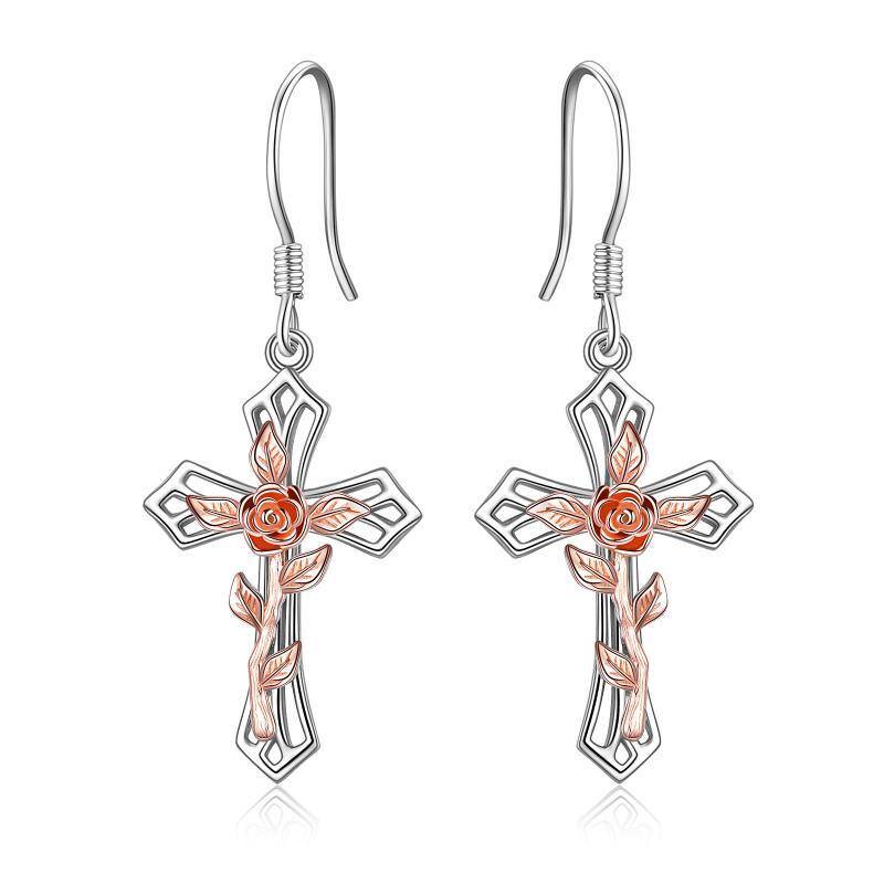 Sterling Silver Two-tone Rose & Cross Drop Earrings-1