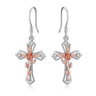 Sterling Silver Two-tone Rose & Cross Drop Earrings-57