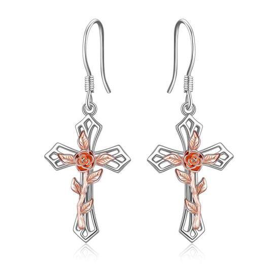 Sterling Silver Two-tone Rose & Cross Drop Earrings