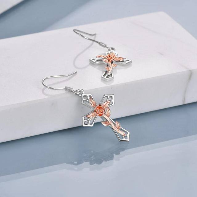 Pendants d'oreilles en argent sterling avec rose et croix bicolores-3