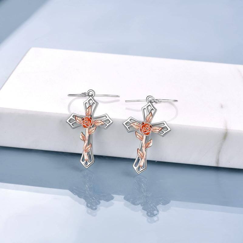 Sterling Silver Two-tone Rose & Cross Drop Earrings-4