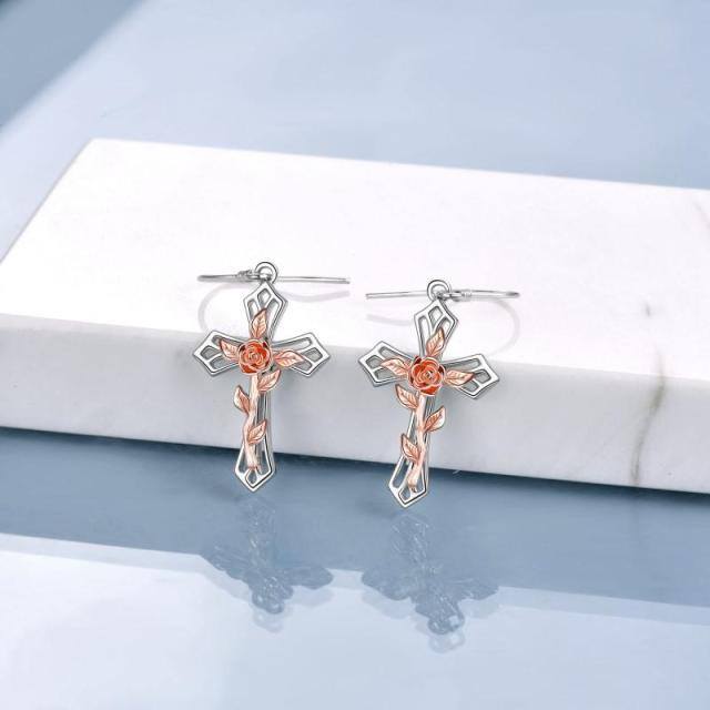 Pendants d'oreilles en argent sterling avec rose et croix bicolores-4