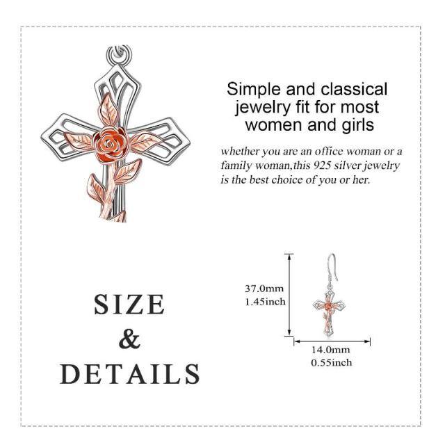 Sterling Silber Zweifarbige Rose & Kreuz Tropfenohrringe-5