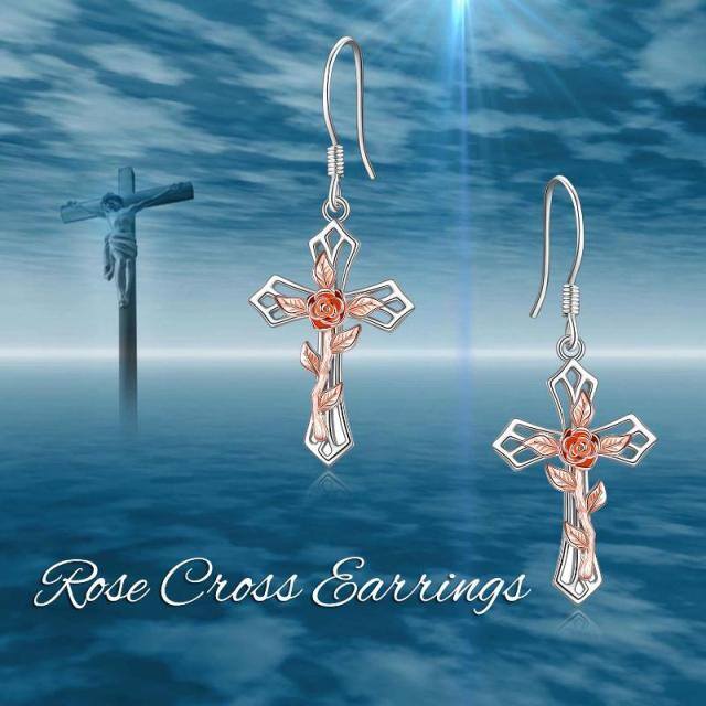 Pendants d'oreilles en argent sterling avec rose et croix bicolores-6