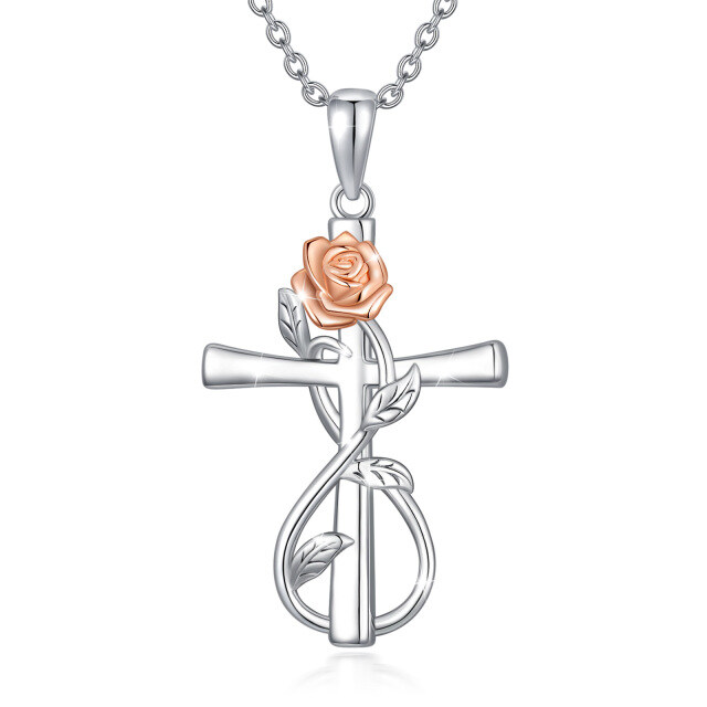 Sterling Silver Two-tone Rose & Cross & Infinity Symbol Pendant Necklace-1