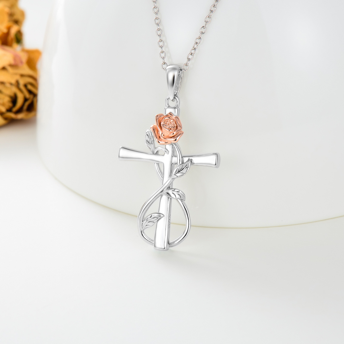 Sterling Silber zweifarbig Rose & Kreuz & Unendlichkeit Symbol Anhänger Halskette-3