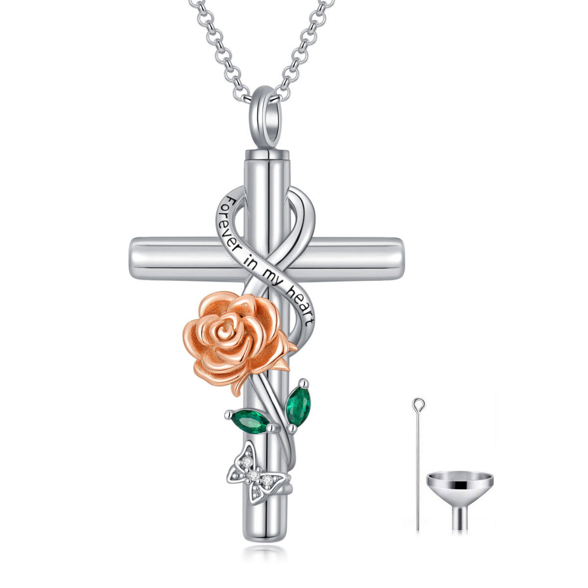 Sterling Silber zweifarbig Zirkonia Rose & Kreuz & Unendlichkeit Symbol Urne Halskette für-1