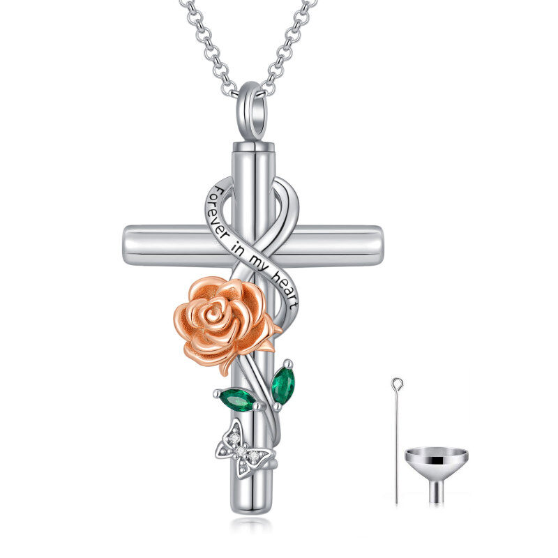 Sterling Silver Two-Tone Cubic Zirconia Rose With Cross With Infinity Symbol Urn Necklace For Ashes With Engraved Word For Women-1