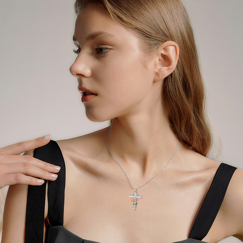 Sterling Silver Two-Tone Cubic Zirconia Rose With Cross With Infinity Symbol Urn Necklace For Ashes With Engraved Word For Women-2