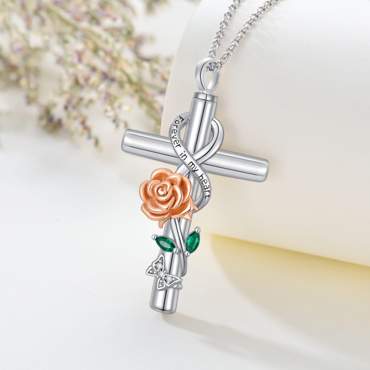 Sterling Silver Two-tone Cubic Zirconia Rose & Cross & Infinity Symbol Urn Necklace for Ashes with Engraved Word-3