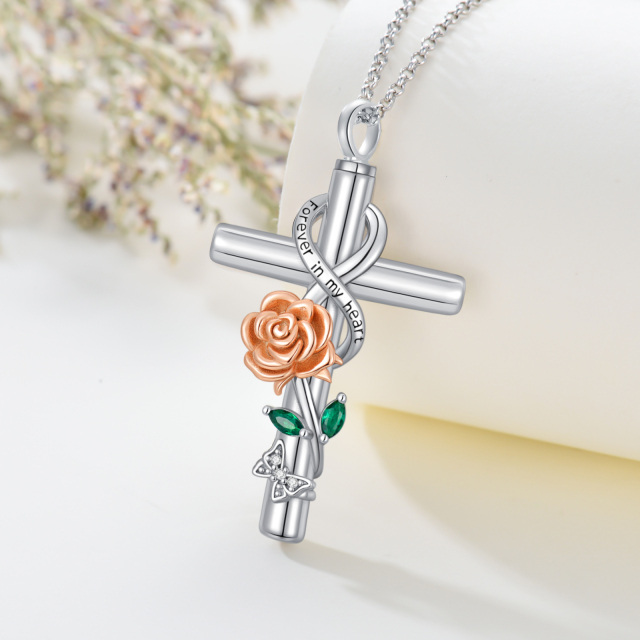 Collier d'urne pour cendres en argent sterling bicolore avec rose, croix et symbole de l'i-3