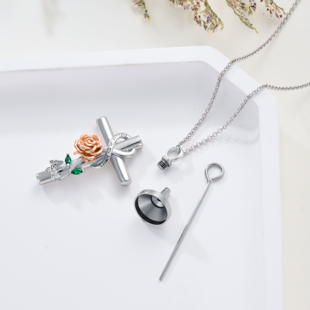 Sterling Silver Two-Tone Cubic Zirconia Rose With Cross With Infinity Symbol Urn Necklace For Ashes With Engraved Word For Women-4