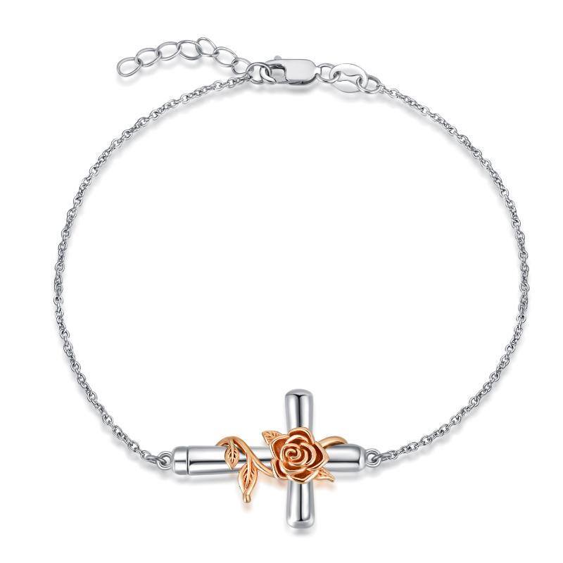 Sterling Silver Two-tone Rose & Cross Charm Bracelet-1