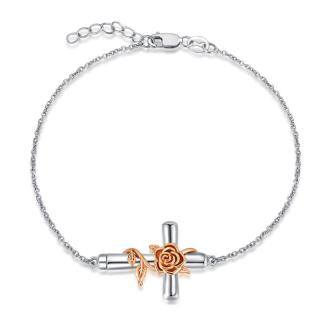 Sterling Silver Two-tone Rose & Cross Charm Bracelet-56