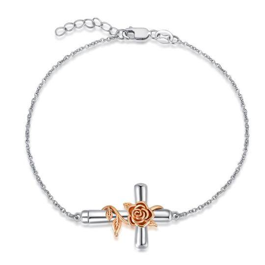 Sterling Silver Two-tone Rose & Cross Charm Bracelet