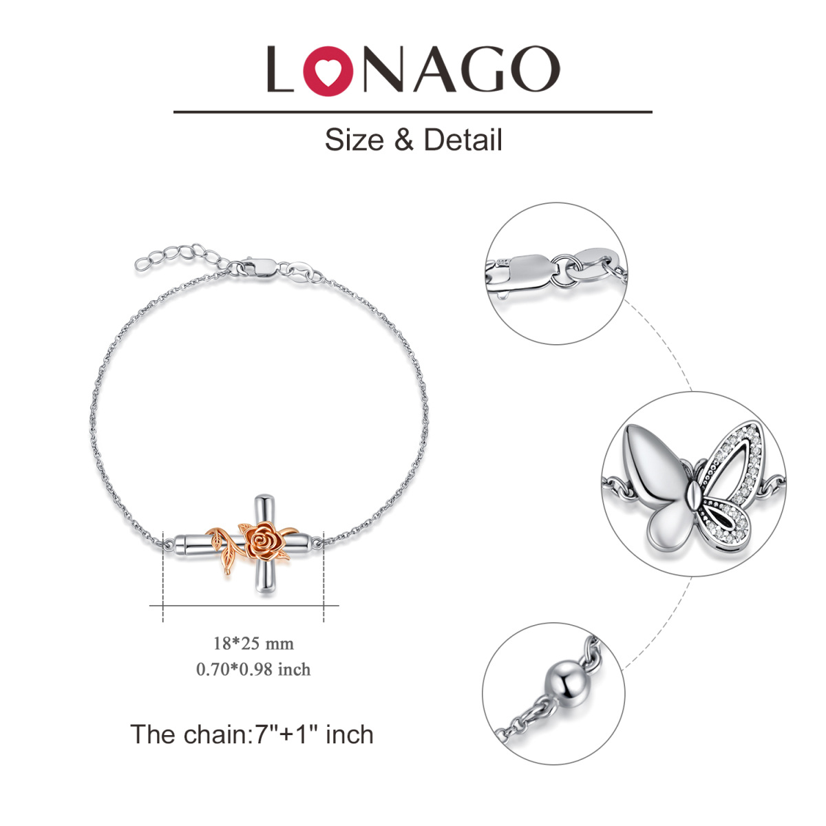 Bracelet en argent sterling avec pendentif rose et croix bicolore-6