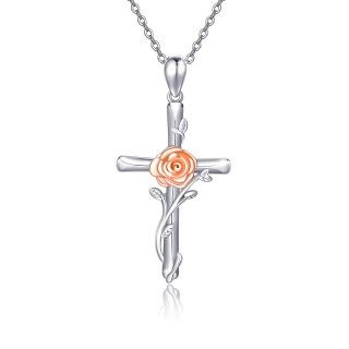 Sterling Silver Two-tone Rose & Cross Pendant Necklace-39