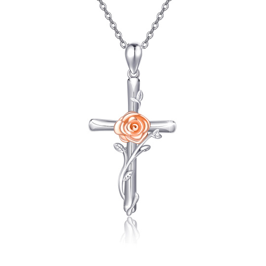 Collier en argent sterling avec pendentif rose et croix bicolore