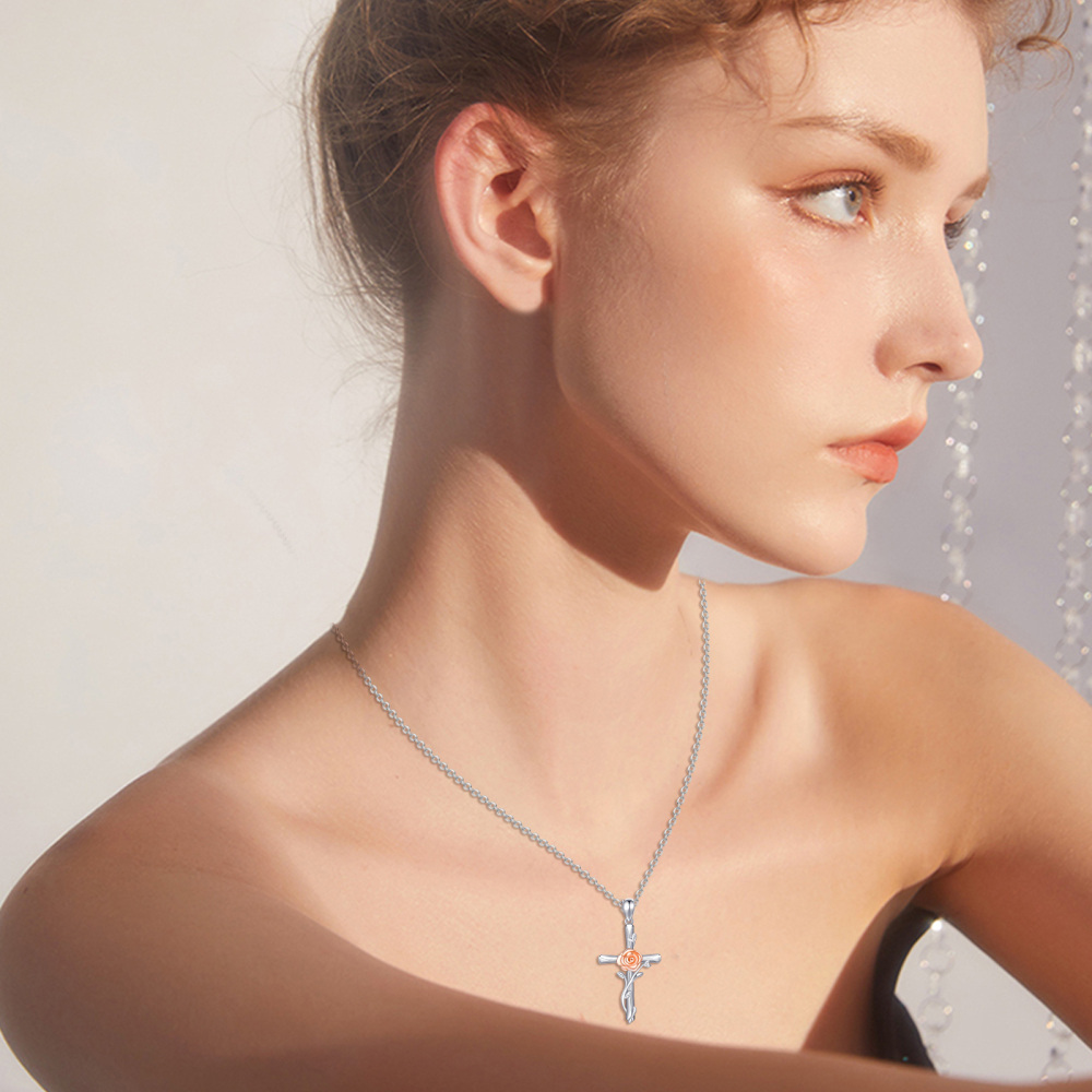Sterling Silver Two-tone Rose & Cross Pendant Necklace-2