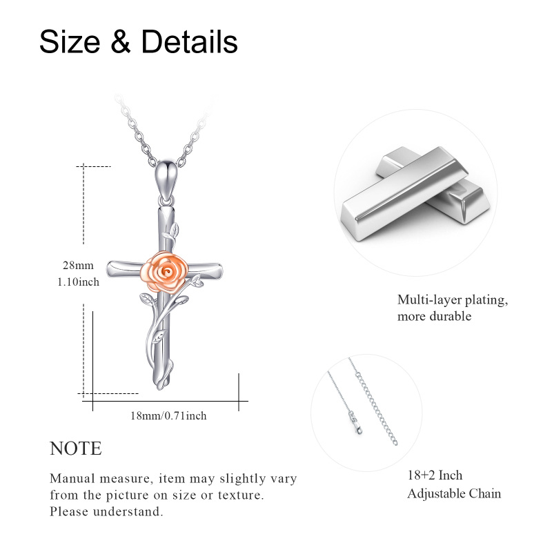 Sterling Silver Two-tone Rose & Cross Pendant Necklace-3