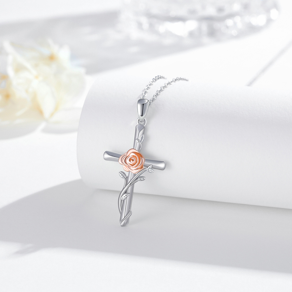 Sterling Silver Two-tone Rose & Cross Pendant Necklace-4