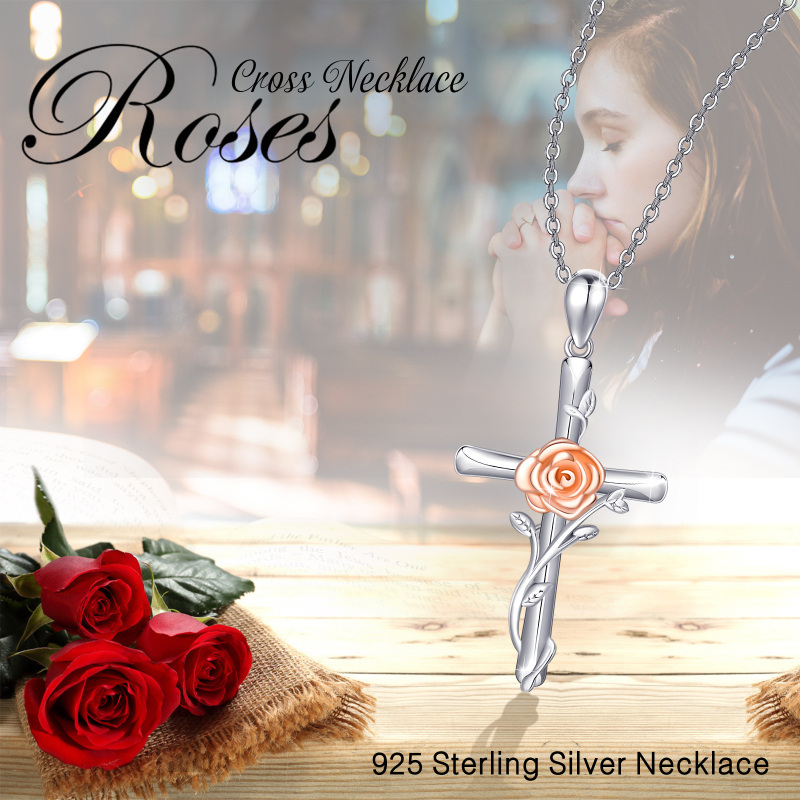 Sterling Silver Two-tone Rose & Cross Pendant Necklace-5