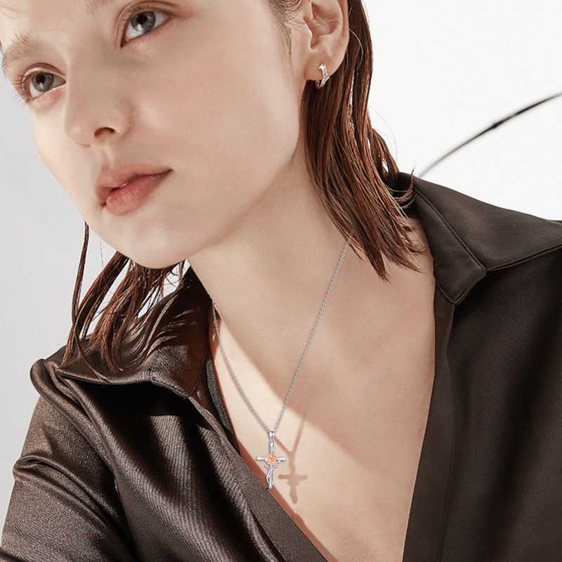 Sterling Silver Two-tone Rose & Cross Pendant Necklace-6