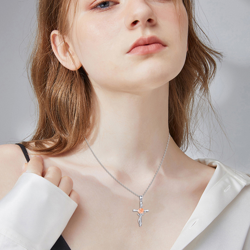 Sterling Silver Two-tone Rose & Cross Pendant Necklace-7