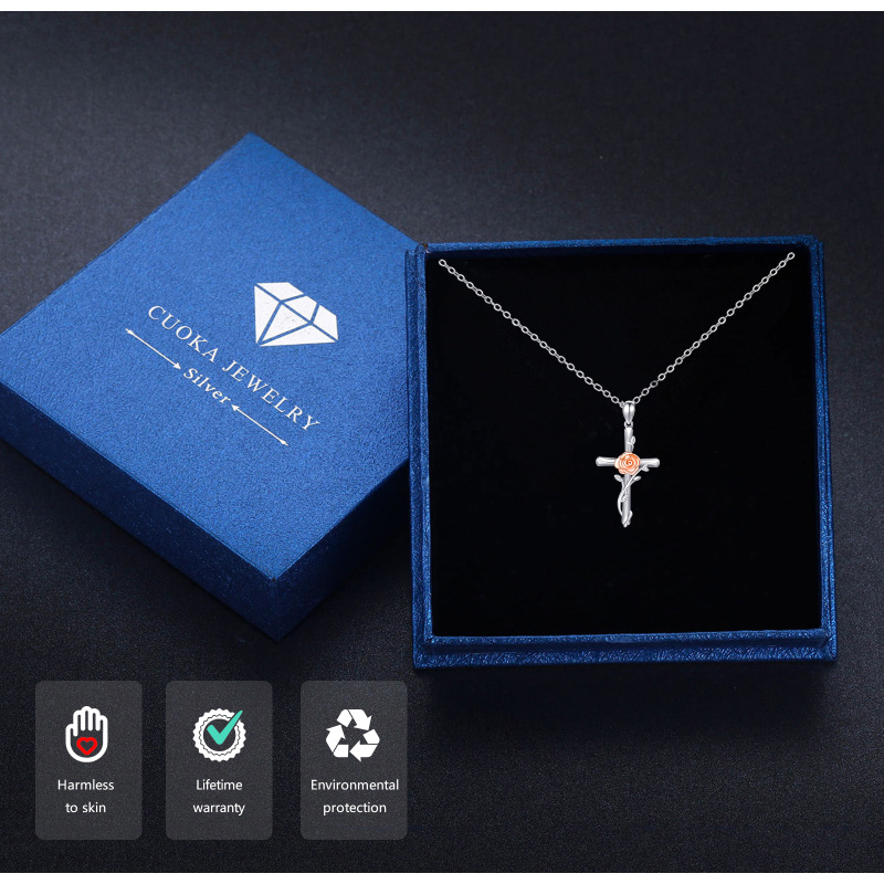 Sterling Silver Two-tone Rose & Cross Pendant Necklace-8